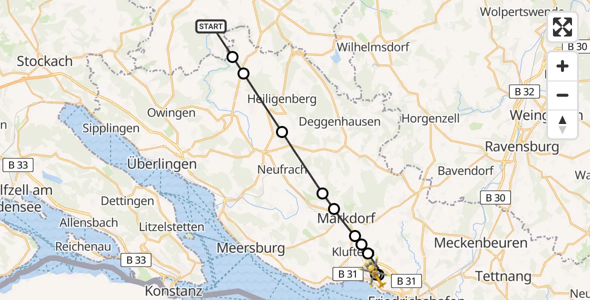 Flugroute Rettungshubschrauber Herdwangen-Schönach - Friedrichshafen Hospital, 18 Juli 2026, 07:57