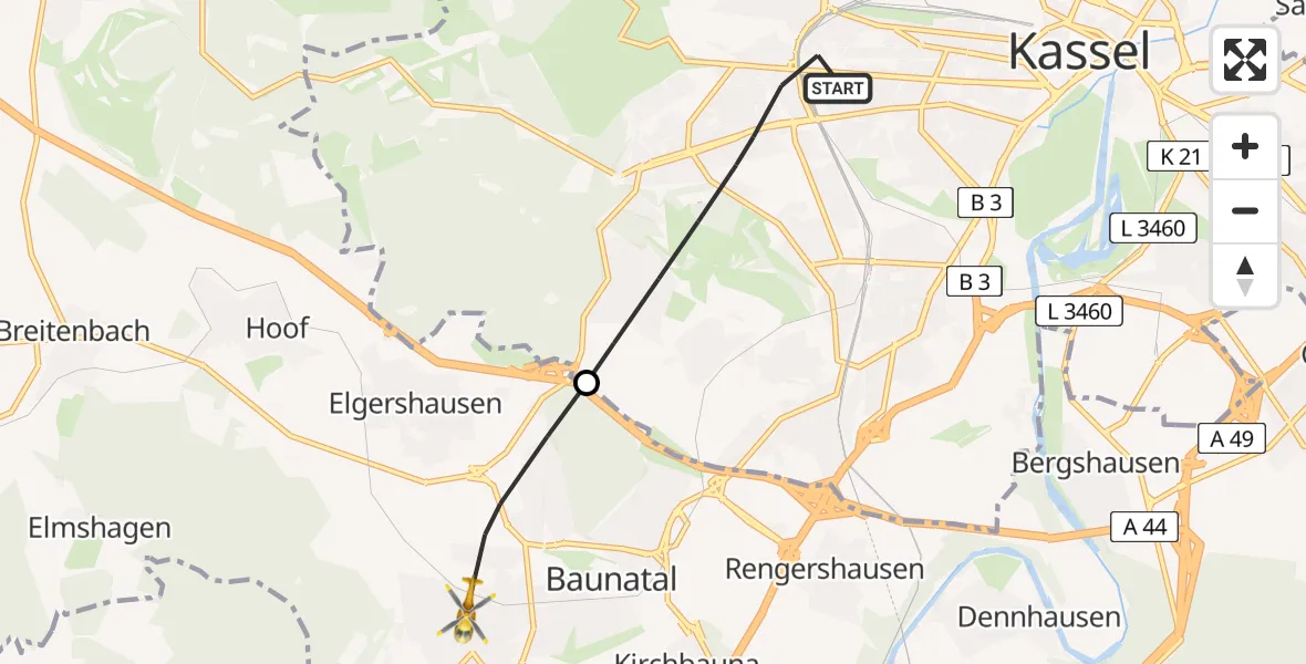Flugroute Rettungshubschrauber Kassel - Baunatal, 18 Juli 2026, 07:57