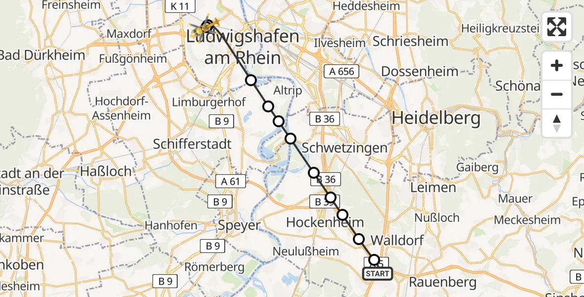 Flugroute Rettungshubschrauber St. Leon-Rot - Ludwigshafen Accident Hospital, 18 Juli 2026, 08:15