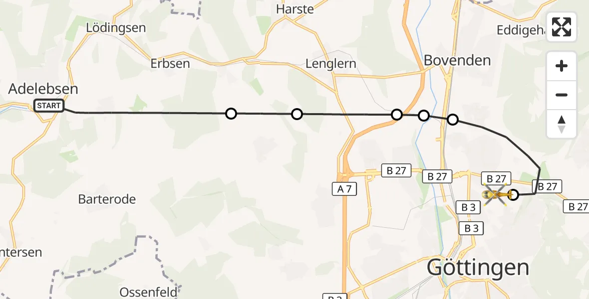 Flugroute Rettungshubschrauber Adelebsen - Göttingen University Clinic Hubschrauberlandeplatz, 18 Juli 2026, 08:17