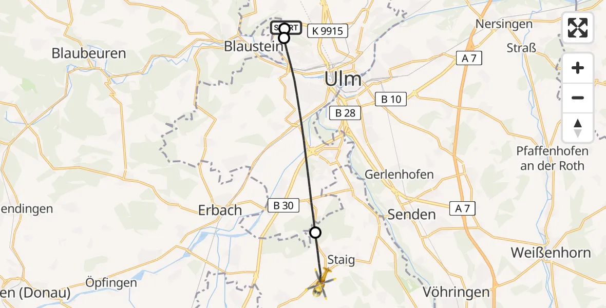 Flugroute Rettungshubschrauber Ulm Military Hospital Emergency - Staig, 18 Juli 2026, 08:24
