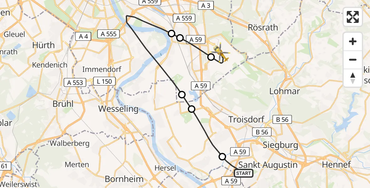 Flugroute Rettungshubschrauber Sankt Augustin - Köln Bonn Flughafen, 18 Juli 2026, 08:27