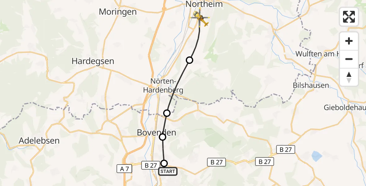 Flugroute Rettungshubschrauber Göttingen University Clinic Hubschrauberlandeplatz - Northeim, 18 Juli 2026, 08:28