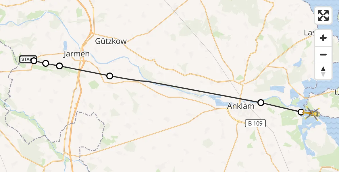 Flugroute Rettungshubschrauber Tutow - Bugewitz, 18 Juli 2026, 08:30