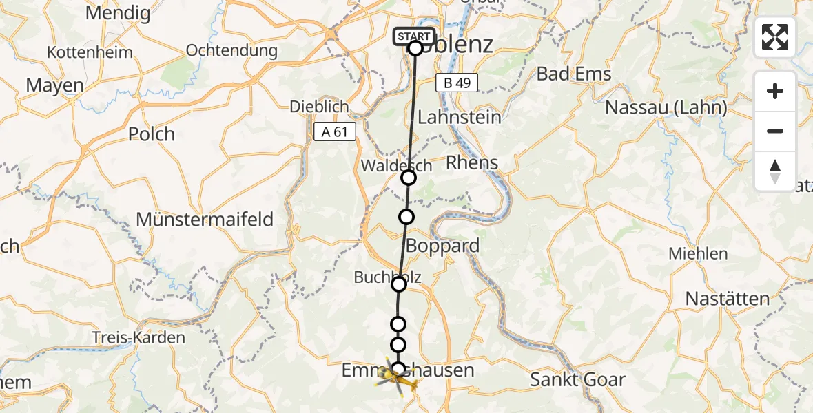 Flugroute Rettungshubschrauber Kemperhof Koblenz Klinikum Hubschrauberlandeplatz - Emmelshausen, 18 Juli 2026, 08:31