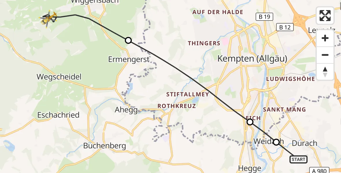 Flugroute Rettungshubschrauber Kempten-Durach Flugplatz - Wiggensbach, 18 Juli 2026, 08:37