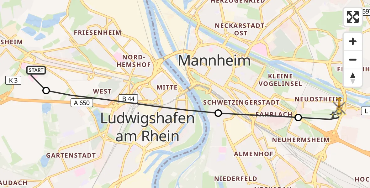 Flugroute Rettungshubschrauber Ludwigshafen Accident Hospital - Mannheim-City Flughafen, 18 Juli 2026, 08:47