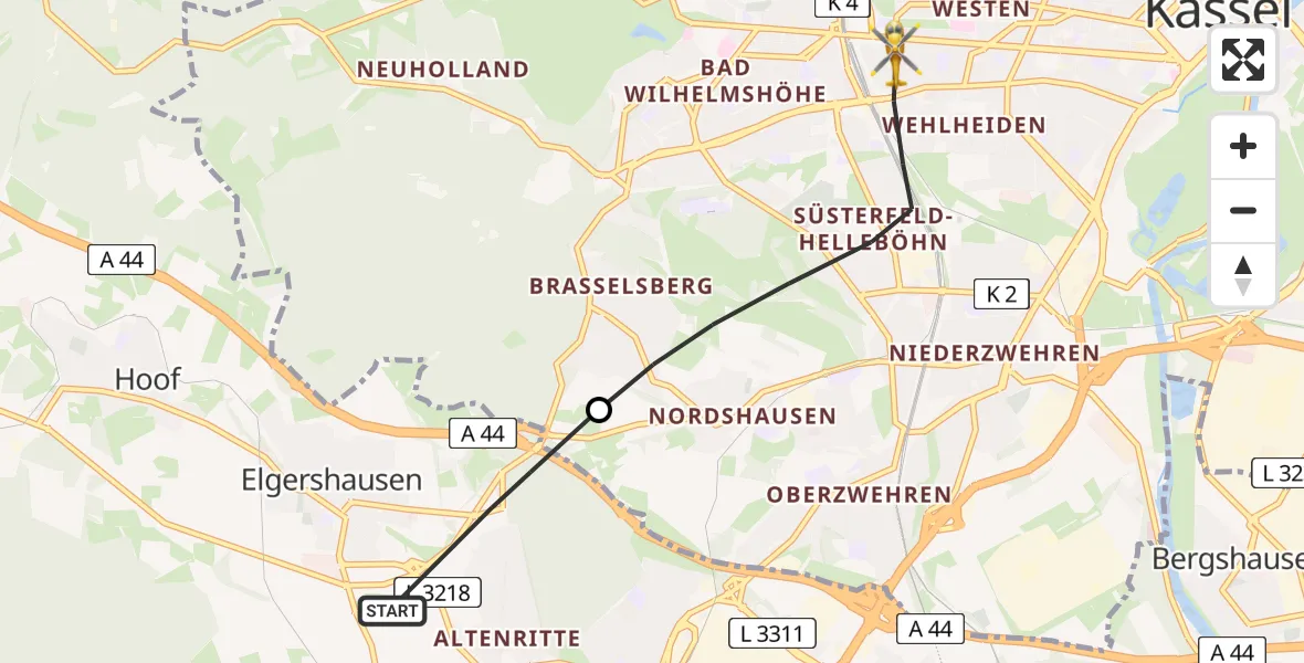 Flugroute Rettungshubschrauber Baunatal - Kassel, 18 Juli 2026, 08:47