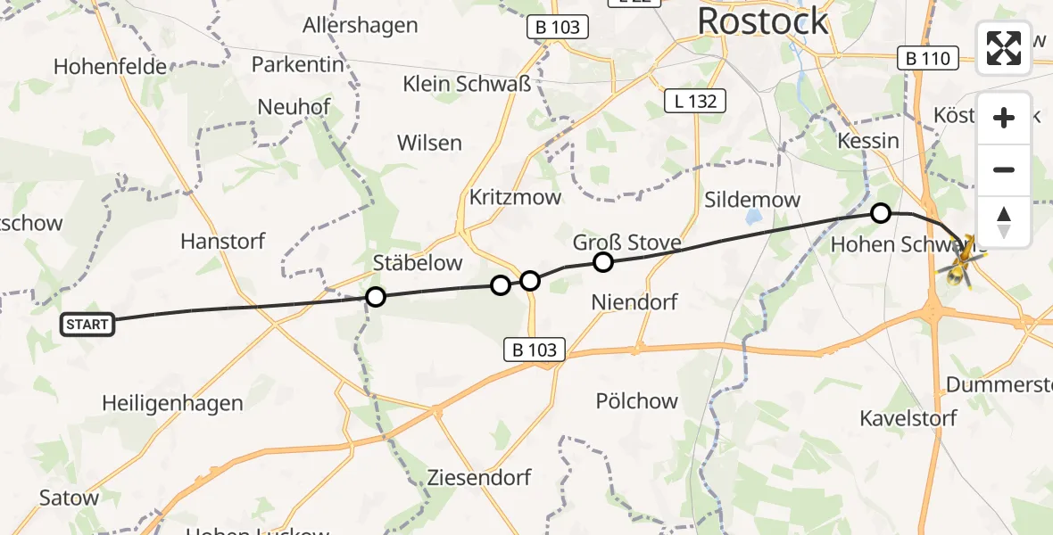 Flugroute Ambulanzhubschrauber Satow - Dummerstorf, 18 Juli 2026, 08:50