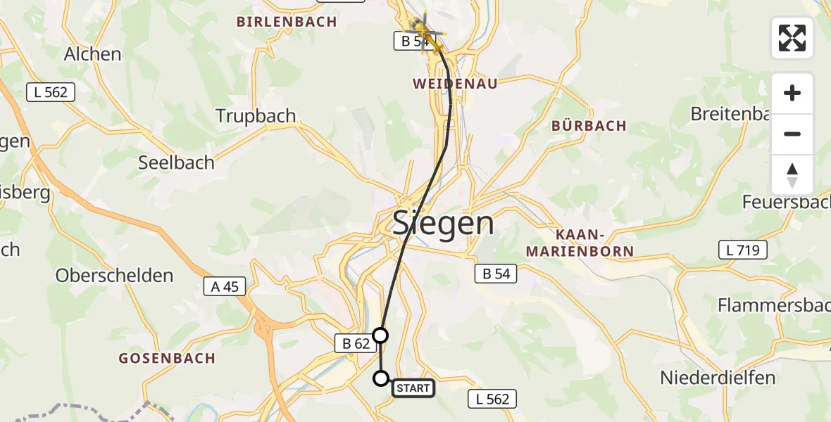 Flugroute Rettungshubschrauber Evangelisches Jung-Stilling Hospital - Siegen, 18 Juli 2026, 08:52