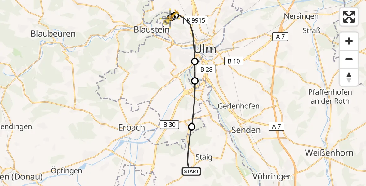 Flugroute Rettungshubschrauber Staig - ADAC Air Rescue Station Ulm (Christoph 22), 18 Juli 2026, 08:56