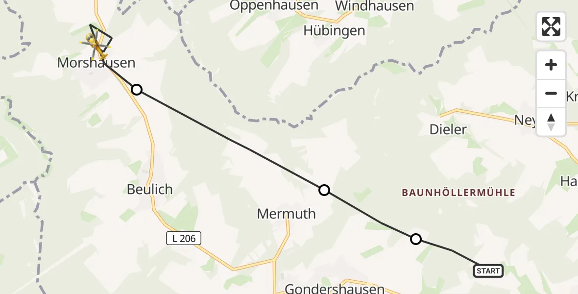 Flugroute Rettungshubschrauber Emmelshausen - Morshausen, 18 Juli 2026, 09:05