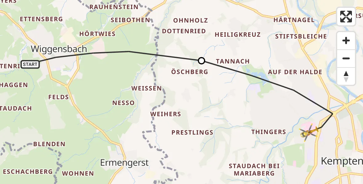 Flugroute Rettungshubschrauber Wiggensbach - Kempten (Allgäu), 18 Juli 2026, 09:05