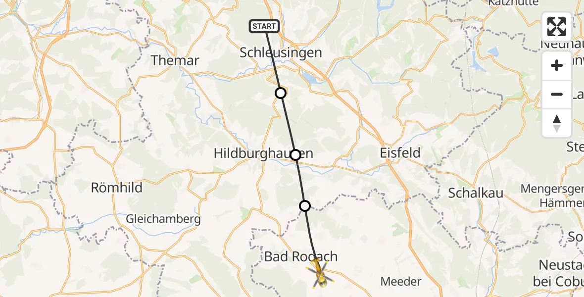 Flugroute Rettungshubschrauber Schleusingen - Bad Rodach, 18 Juli 2026, 09:12