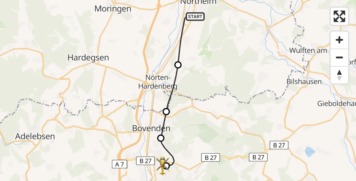 Flugroute Rettungshubschrauber Northeim - Göttingen University Clinic Hubschrauberlandeplatz, 18 Juli 2026, 09:15