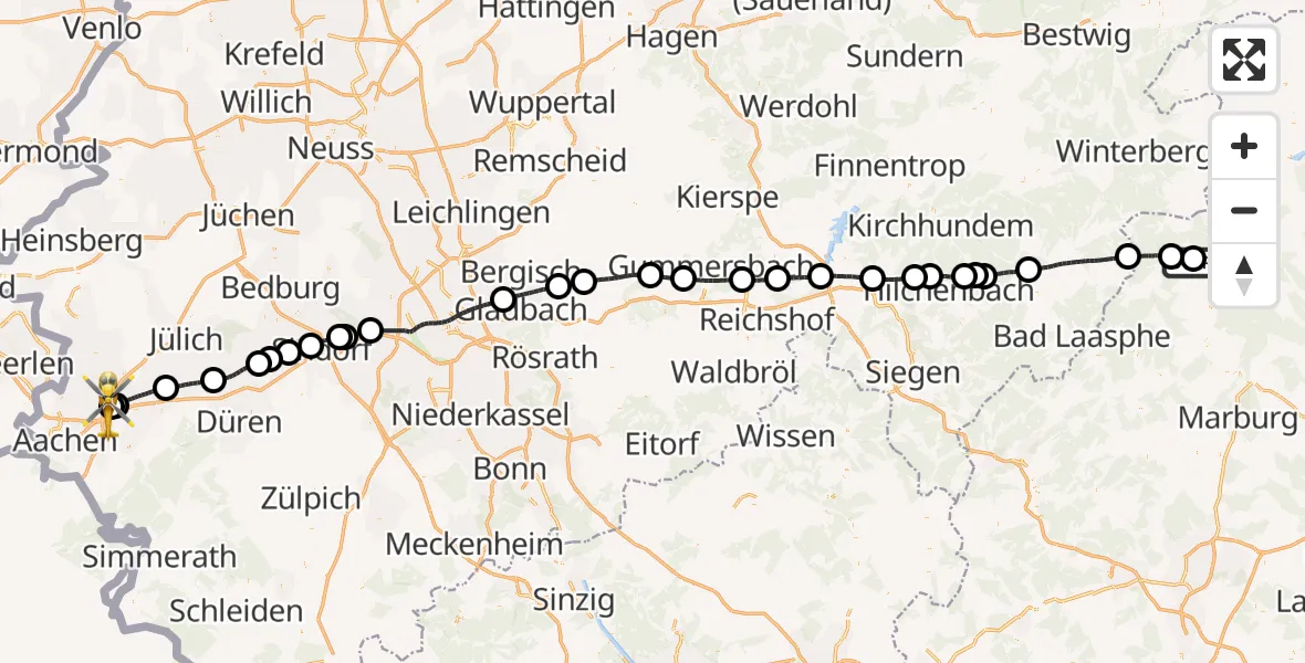 Flugroute Rettungshubschrauber Allendorf-Eder Flugplatz - Aachen-Merzbrück Flughafen, 18 Juli 2026, 09:18