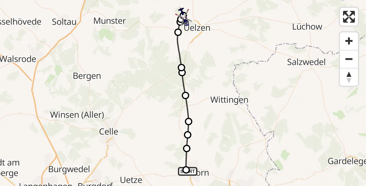 Flugroute Polizeihubschrauber Gifhorn Bundespolizei Hubschrauberlandeplatz - Uelzen, 18 Juli 2026, 09:23