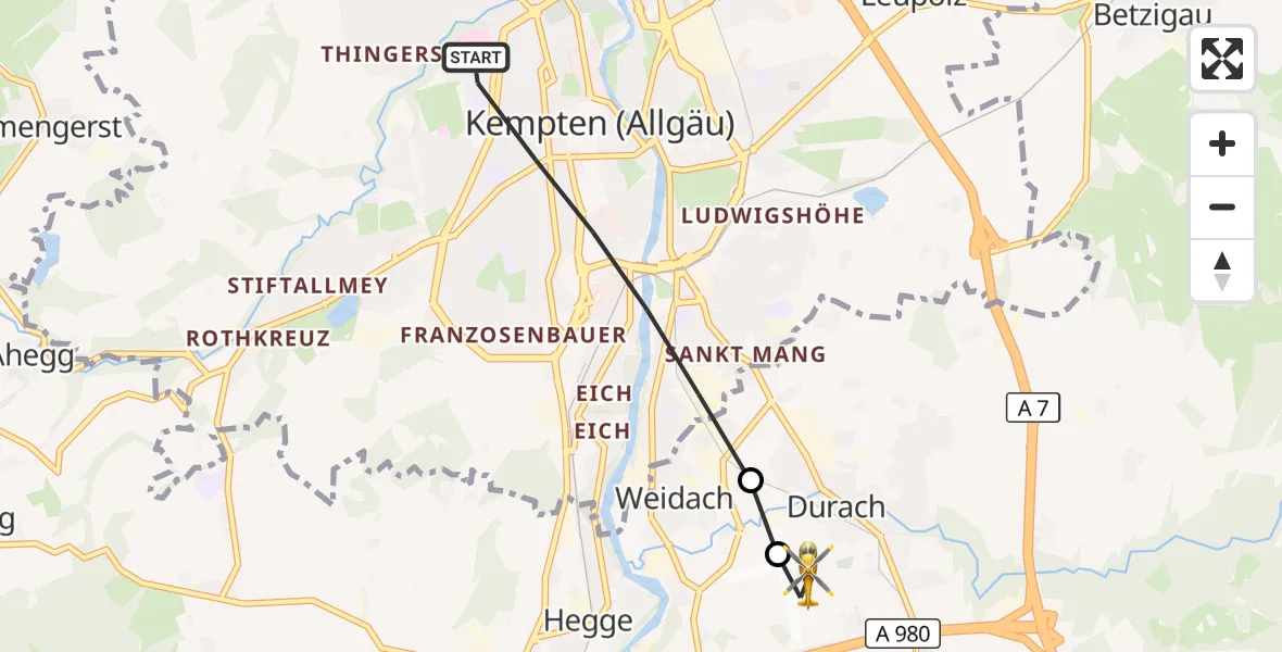 Flugroute Rettungshubschrauber Kempten (Allgäu) - Kempten-Durach Flugplatz, 18 Juli 2026, 09:24