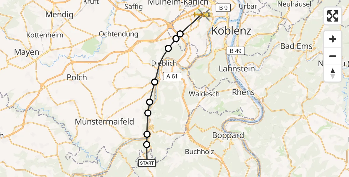 Flugroute Rettungshubschrauber Morshausen - Koblenz, 18 Juli 2026, 09:27