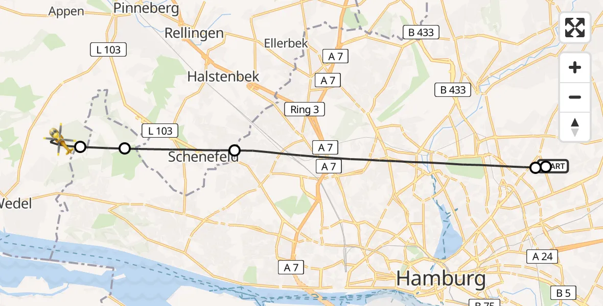 Flugroute Rettungshubschrauber Hamburg Military Hospital - Wedel, 18 Juli 2026, 09:31