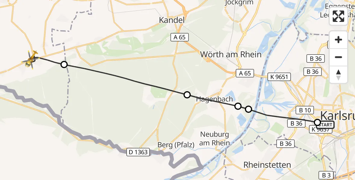 Flugroute Ambulanzhubschrauber Sankt Vincentius Hospital - Steinfeld, 18 Juli 2026, 09:32