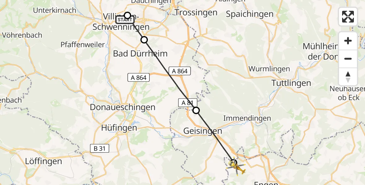Flugroute Ambulanzhubschrauber DRF Air Rescue Station Villingen-Schwenningen Hubschrauberlandeplatz (Christoph 11) - Engen, 18 Juli 2026, 09:41