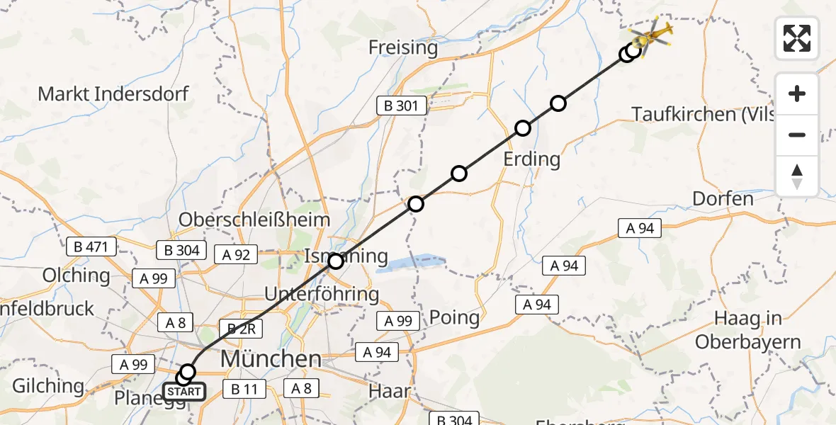 Flugroute Rettungshubschrauber DRF Air Rescue München Hubschrauberlandeplatz - Kirchberg, 18 Juli 2026, 09:44