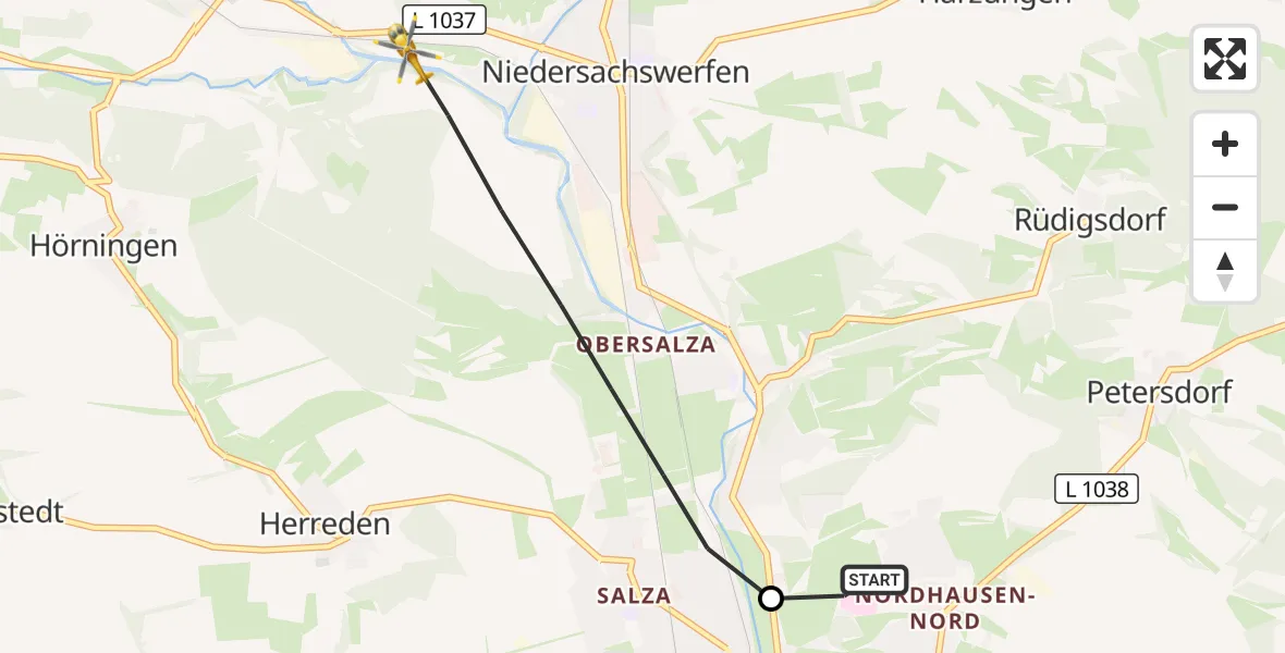 Flugroute Rettungshubschrauber Südharz Hospital Nordhausen - Harztor, 18 Juli 2026, 09:45