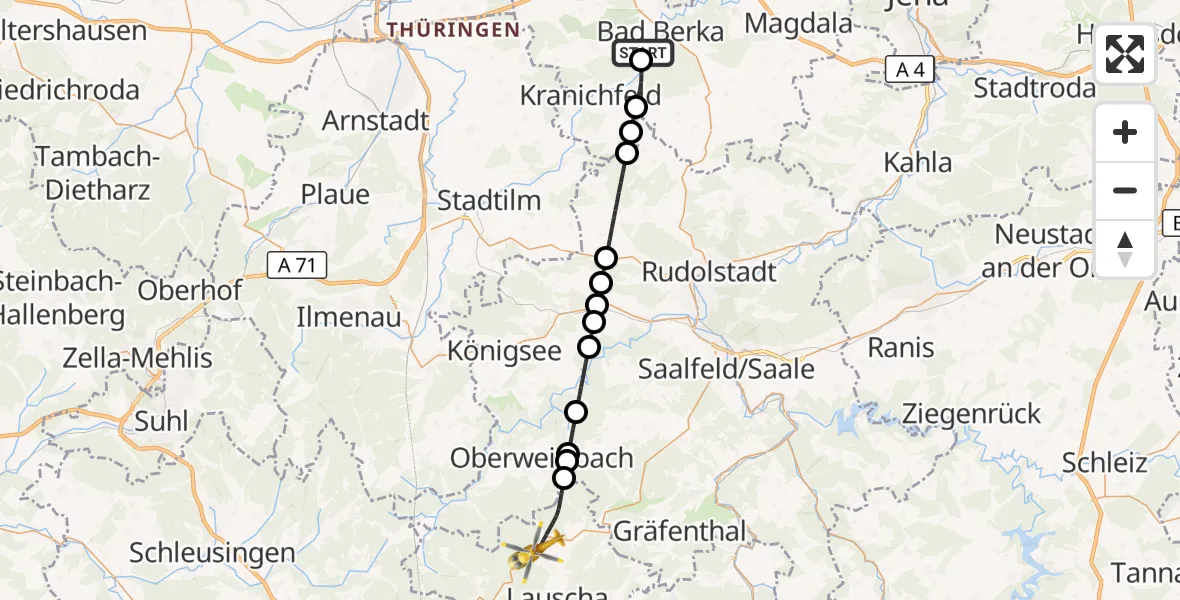 Flugroute Ambulanzhubschrauber DRF Rettungsstation Bad Berka Hubschrauberlandeplatz - Neuhaus am Rennweg, 18 Juli 2026, 09:48