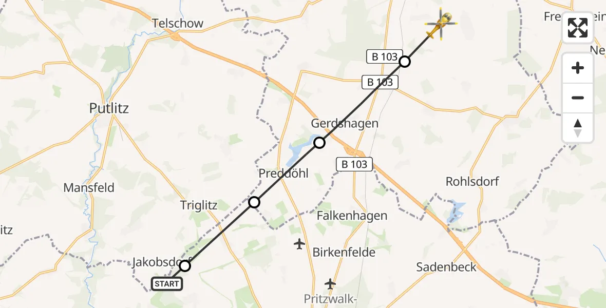 Flugroute Rettungshubschrauber Groß Pankow (Prignitz) - Meyenburg, 18 Juli 2026, 09:51