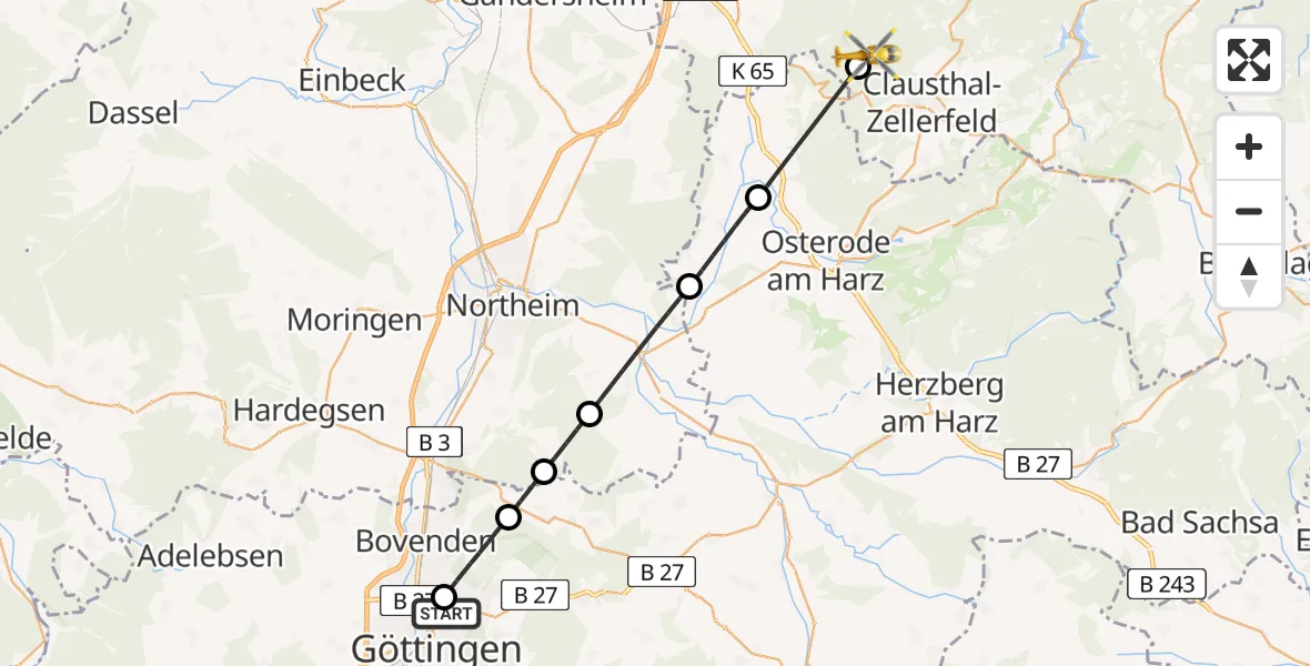 Flugroute Rettungshubschrauber Göttingen University Clinic Hubschrauberlandeplatz - Clausthal-Zellerfeld, 18 Juli 2026, 09:51