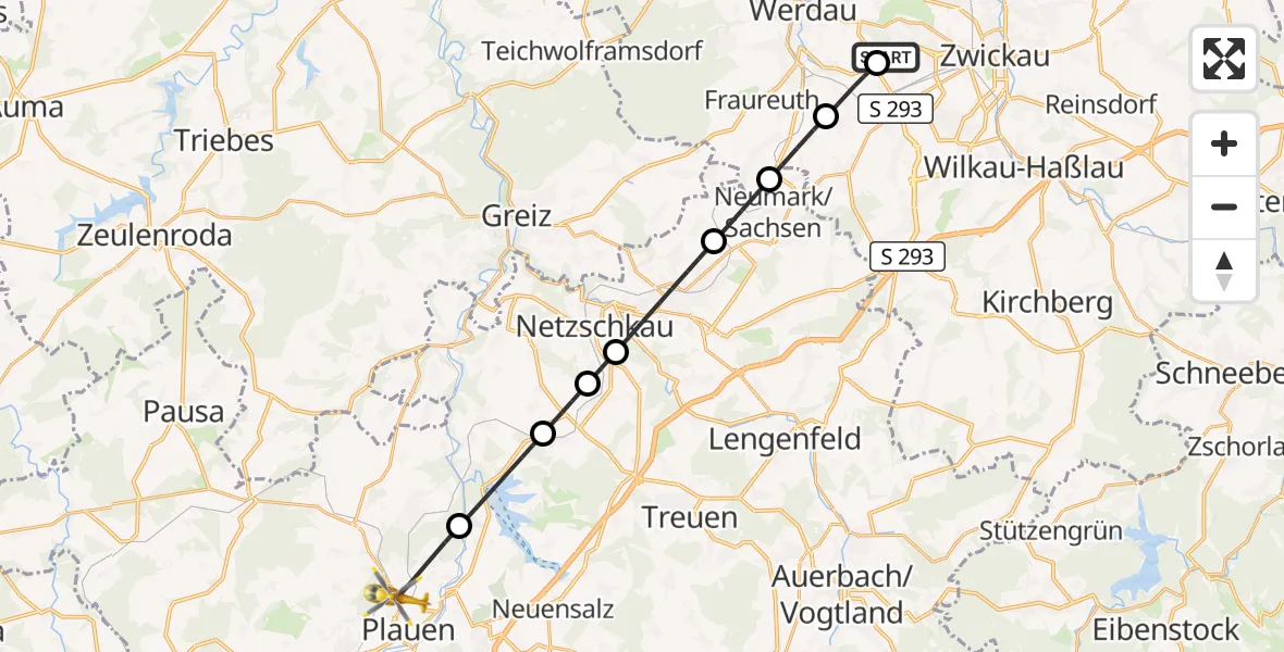 Flugroute Rettungshubschrauber ADAC Air Rescue Station Zwickau Hubschrauberlandeplatz - Plauen, 18 Juli 2026, 09:53