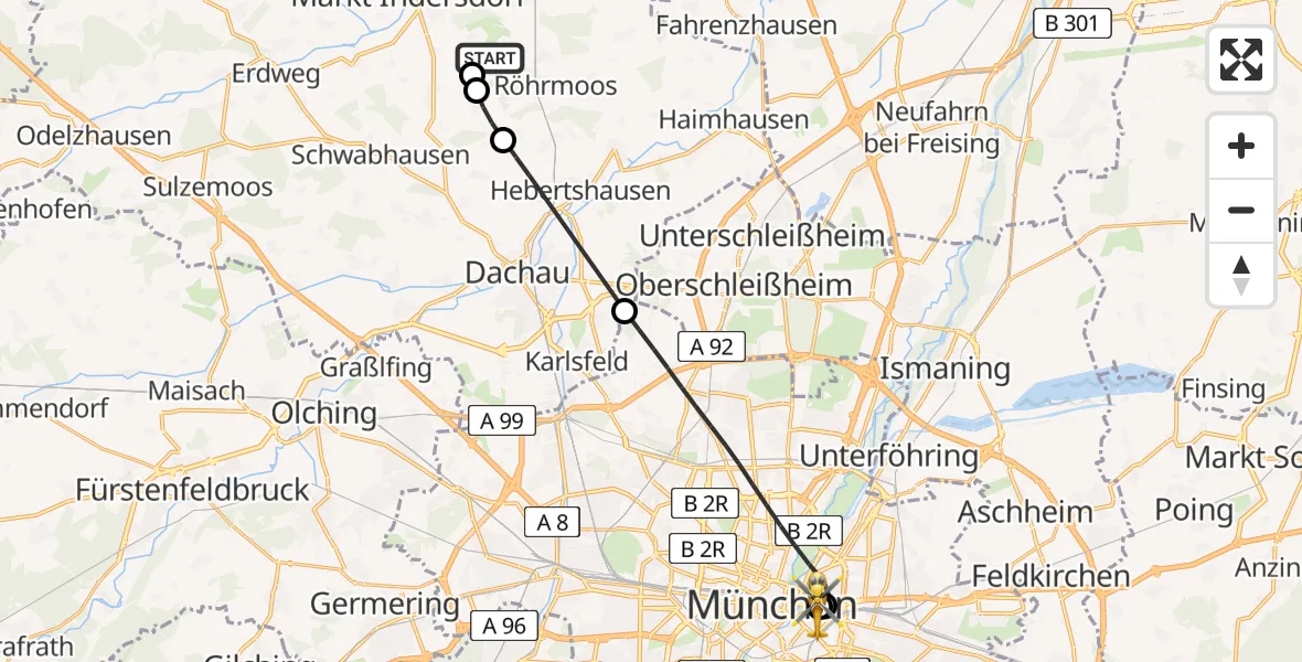 Flugroute Rettungshubschrauber Röhrmoos - Rechts der Isar University Hospital, 18 Juli 2026, 09:58