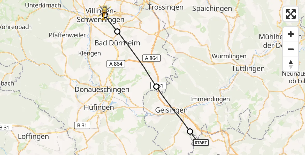 Flugroute Ambulanzhubschrauber Engen - DRF Air Rescue Station Villingen-Schwenningen Hubschrauberlandeplatz (Christoph 11), 18 Juli 2026, 10:04