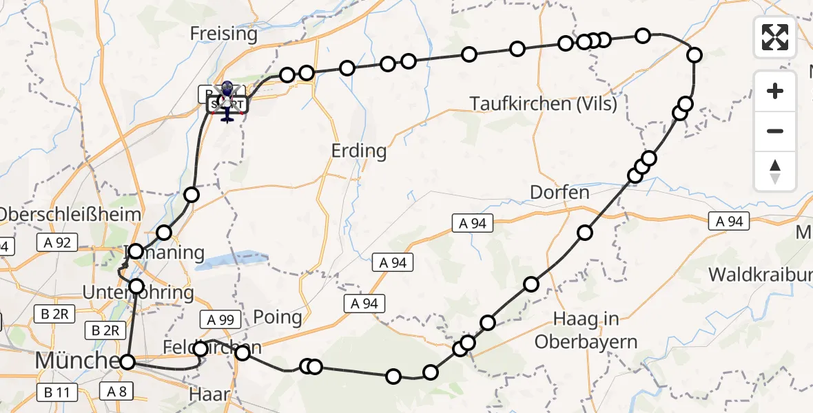 Flugroute Polizeihubschrauber München Flughafen - München Flughafen, 18 Juli 2026, 10:05