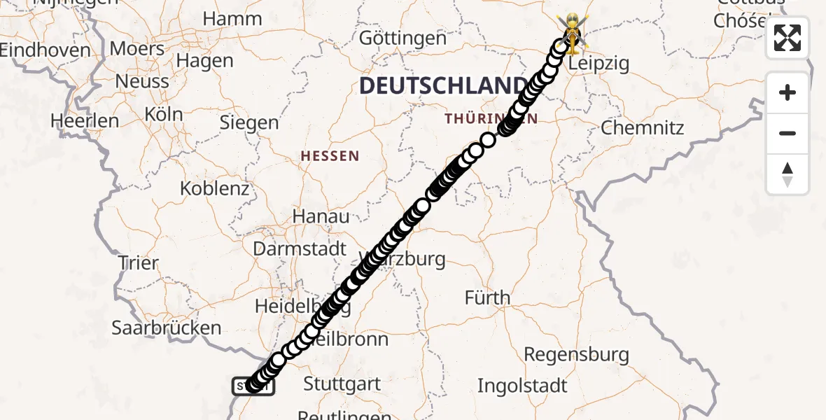 Flugroute Rettungshubschrauber Karlsruhe Baden-Baden Flughafen - Halle-Oppin Flugplatz, 18 Juli 2026, 10:06