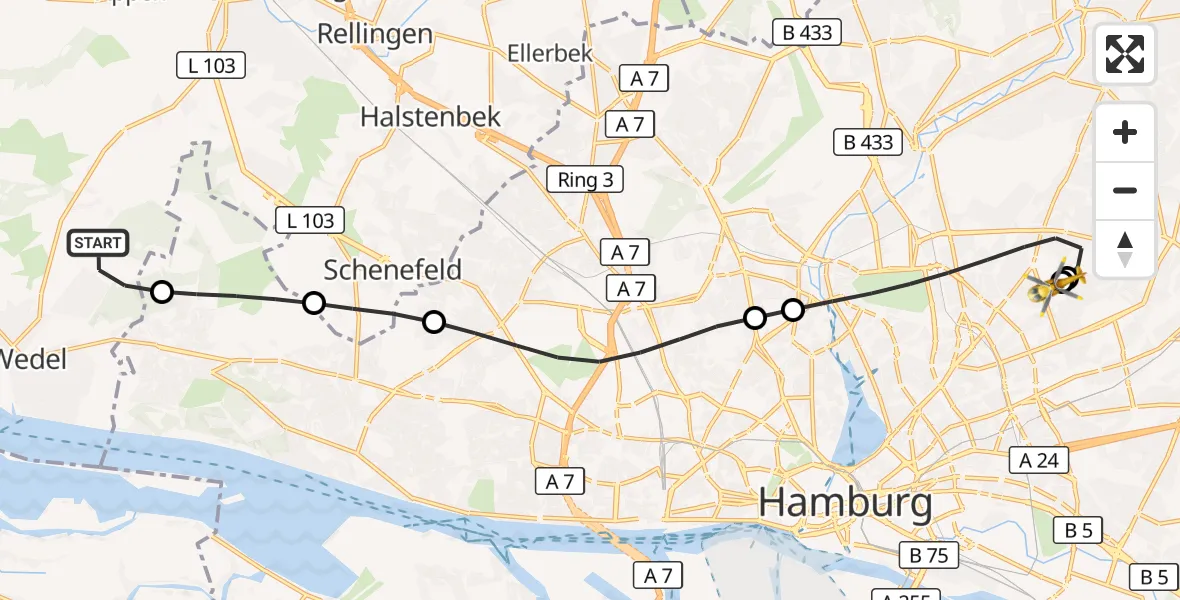 Flugroute Rettungshubschrauber Wedel - Hamburg Military Hospital, 18 Juli 2026, 10:06
