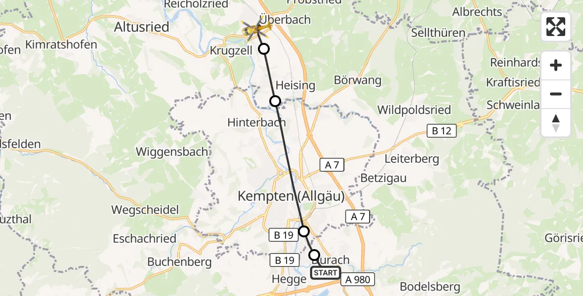 Flugroute Rettungshubschrauber Kempten-Durach Flugplatz - Dietmannsried, 18 Juli 2026, 10:11