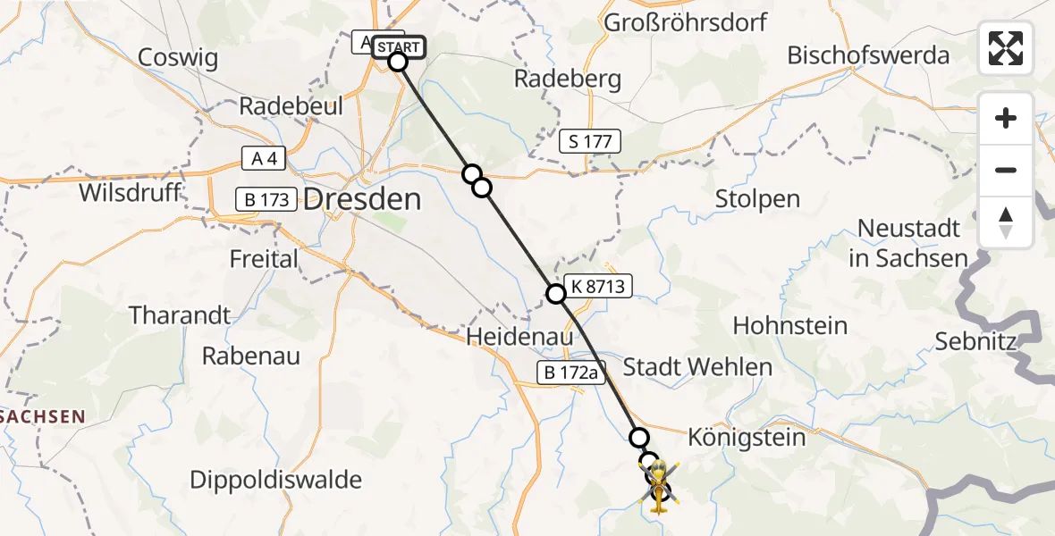 Flugroute Rettungshubschrauber Dresden Flughafen - Bad Gottleuba-Berggießhübel, 18 Juli 2026, 10:14
