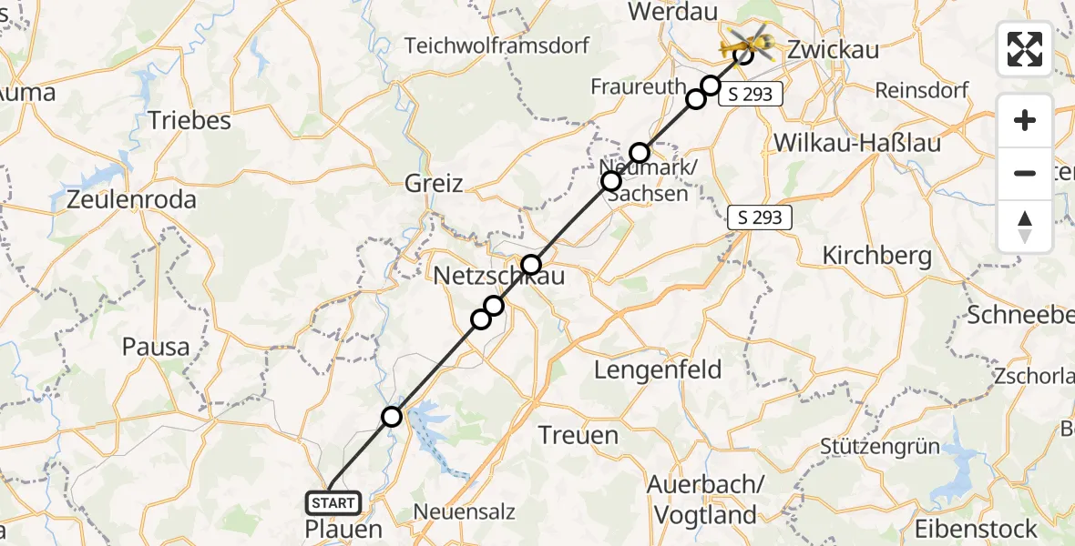 Flugroute Rettungshubschrauber Plauen - ADAC Air Rescue Station Zwickau Hubschrauberlandeplatz, 18 Juli 2026, 10:18