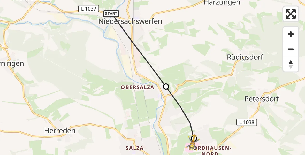Flugroute Rettungshubschrauber Harztor - Südharz Hospital Nordhausen, 18 Juli 2026, 10:23