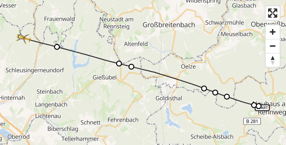 Flugroute Ambulanzhubschrauber Regiomed Hospital Neuhaus am Rennweg - Schleusingen, 18 Juli 2026, 10:23