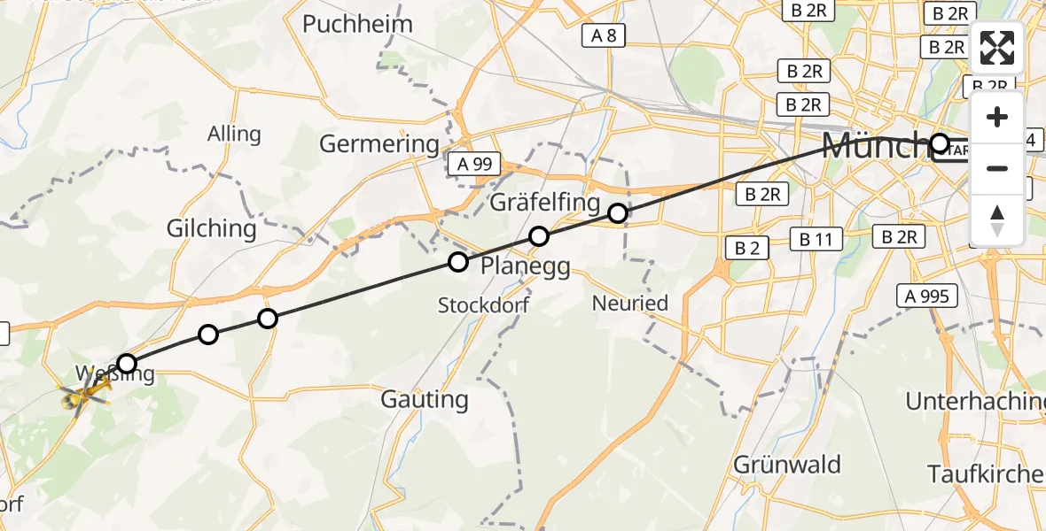 Flugroute Rettungshubschrauber Rechts der Isar University Hospital - Weßling, 18 Juli 2026, 10:24