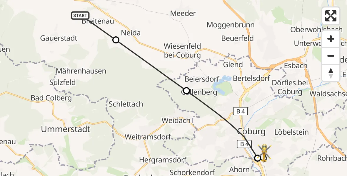 Flugroute Rettungshubschrauber Bad Rodach - Regiomed Hospital Coburg, 18 Juli 2026, 10:27