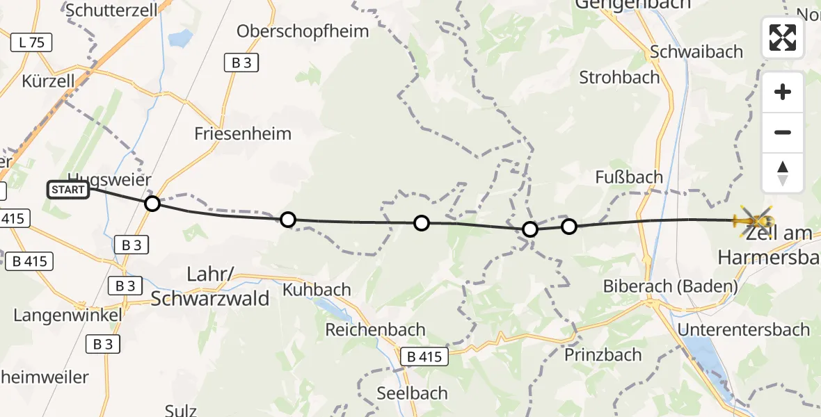Flugroute Rettungshubschrauber Lahr Flughafen - Zell am Harmersbach, 18 Juli 2026, 10:29