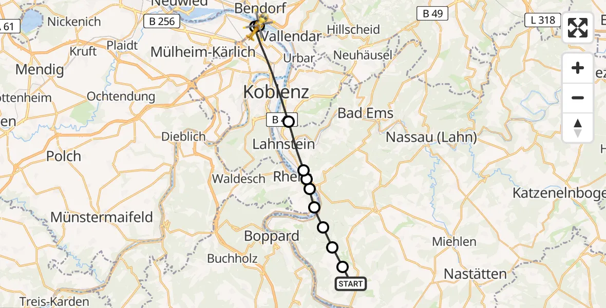 Flugroute Rettungshubschrauber Prath - Koblenz, 18 Juli 2026, 10:30