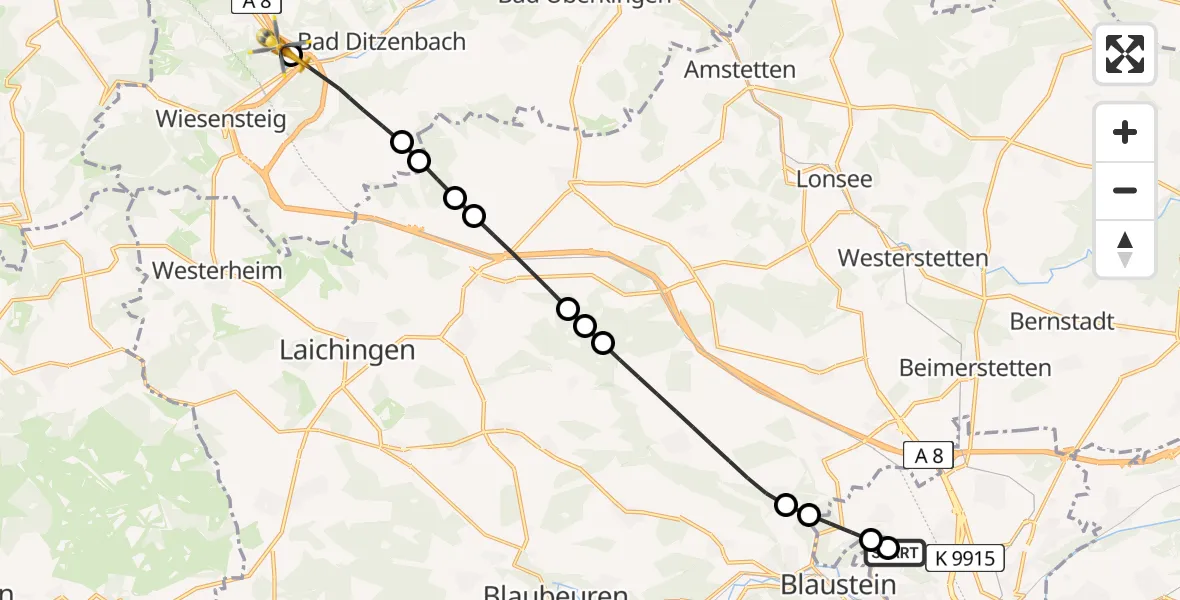 Flugroute Rettungshubschrauber Ulm Military Hospital Emergency - Gruibingen, 18 Juli 2026, 10:31