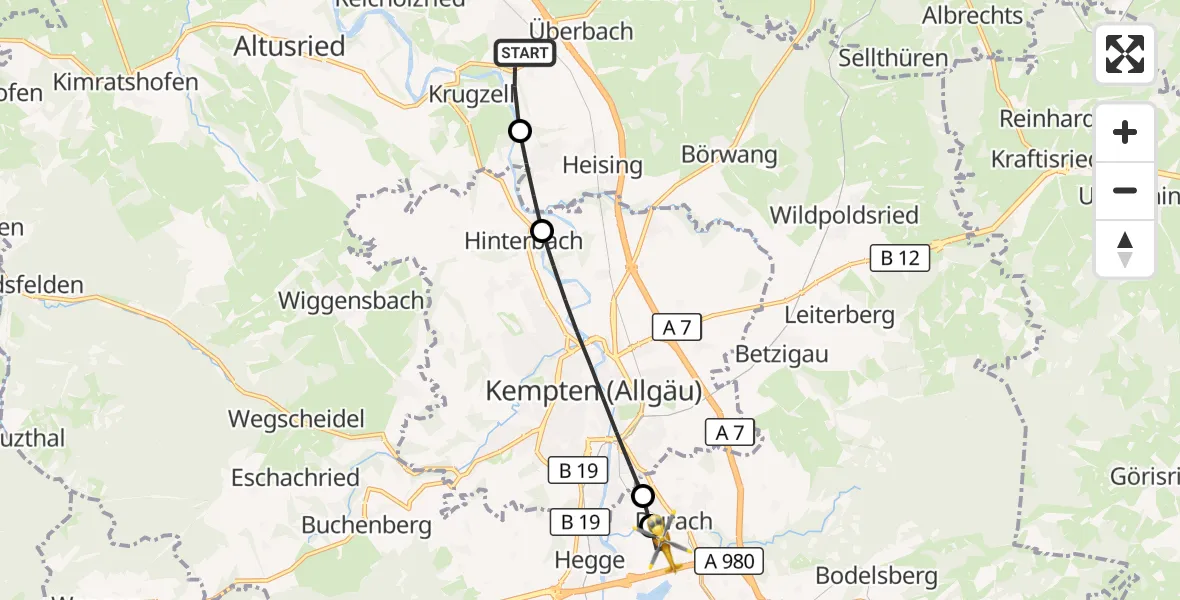 Flugroute Rettungshubschrauber Dietmannsried - Kempten-Durach Flugplatz, 18 Juli 2026, 10:36