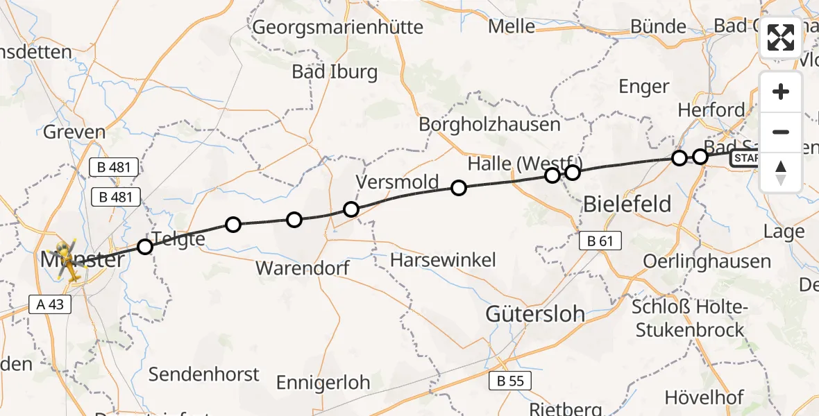 Flugroute Rettungshubschrauber Bad Salzuflen - Münster, 18 Juli 2026, 10:40