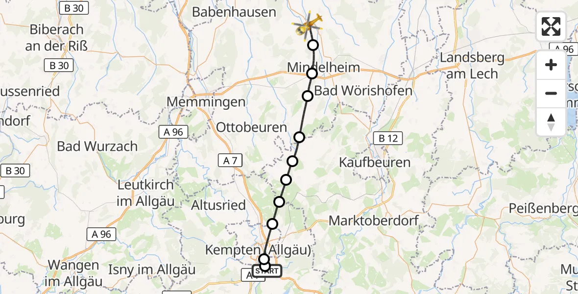 Flugroute Rettungshubschrauber Kempten-Durach Flugplatz - Pfaffenhausen, 18 Juli 2026, 10:44
